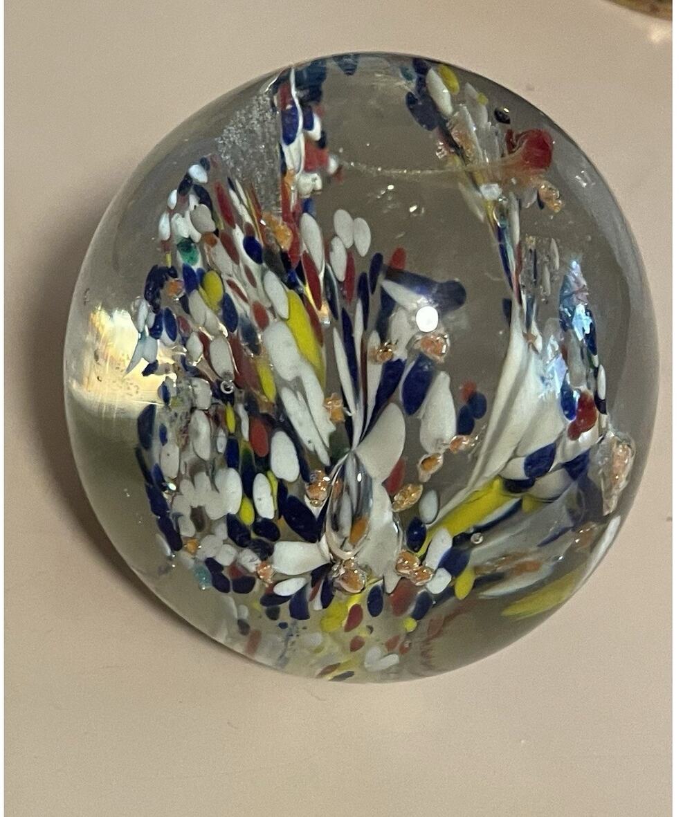 Paperweight Hand Blown Art Glass With Flower Spray In Confetti Multi Color Decor
